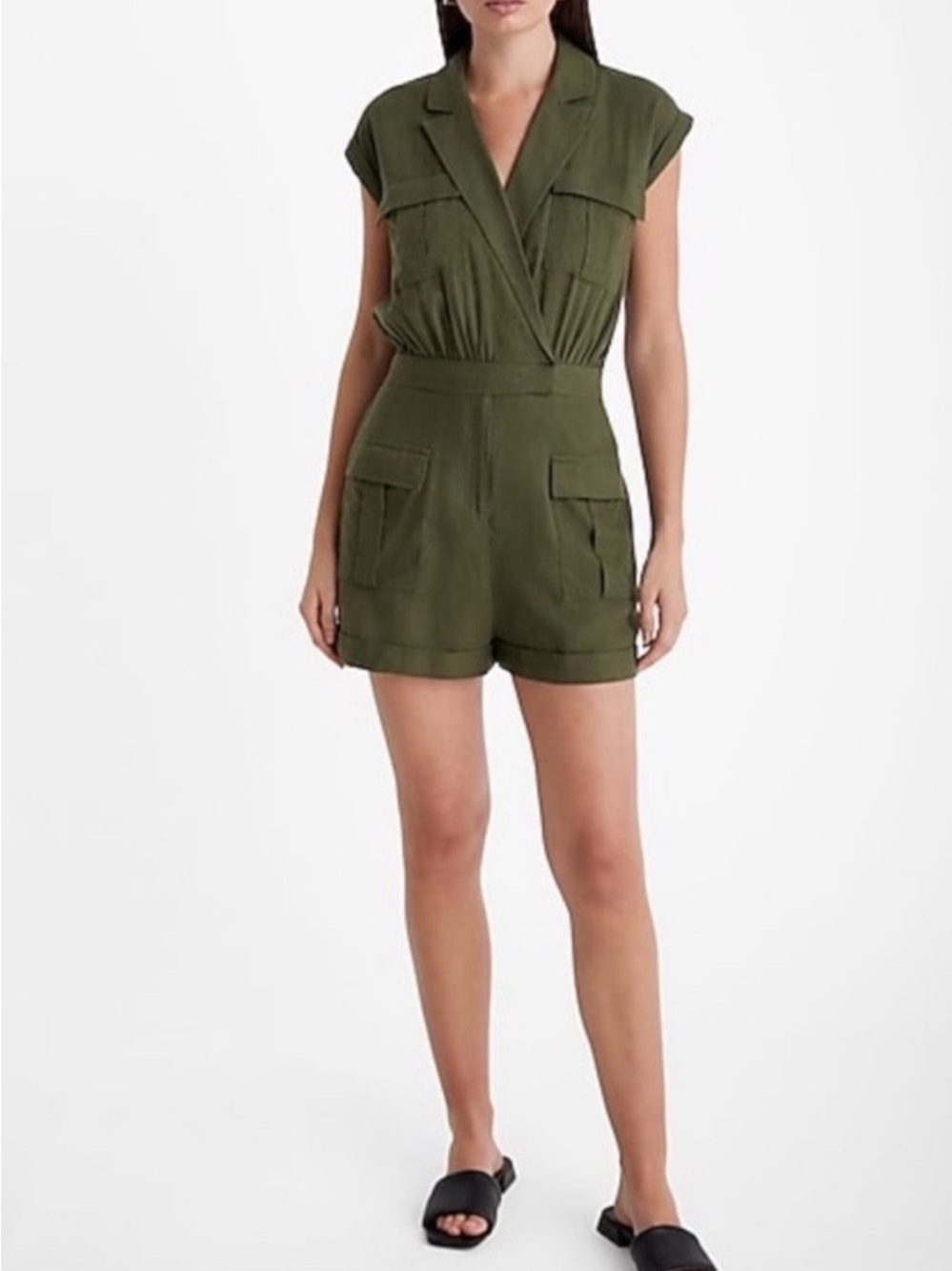 NWT Express Olive green rayon linen blend romper utility fall size XS